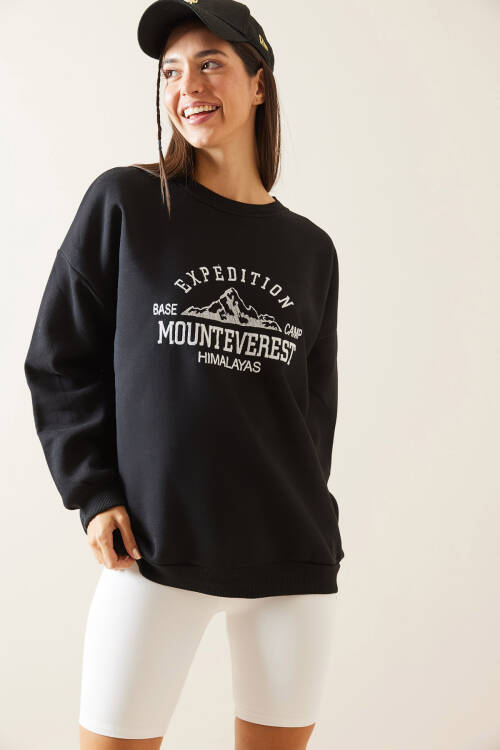 Siyah Bisiklet Yaka Nakışlı Sweatshirt 5KXK8-48978-02 - 4