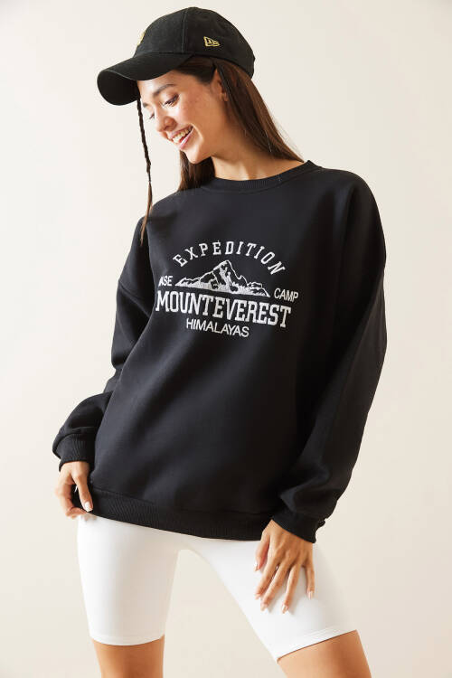 Siyah Bisiklet Yaka Nakışlı Sweatshirt 5KXK8-48978-02 - 5