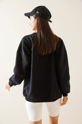 Siyah Bisiklet Yaka Nakışlı Sweatshirt 5KXK8-48978-02 - 6