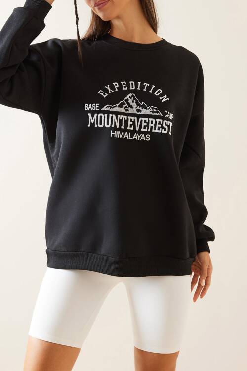 Siyah Bisiklet Yaka Nakışlı Sweatshirt 5KXK8-48978-02 - 1