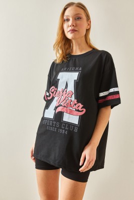 Siyah Bisiklet Yaka Önü Baskılı Oversize Tişört 4KXK1-47926-02 - 3
