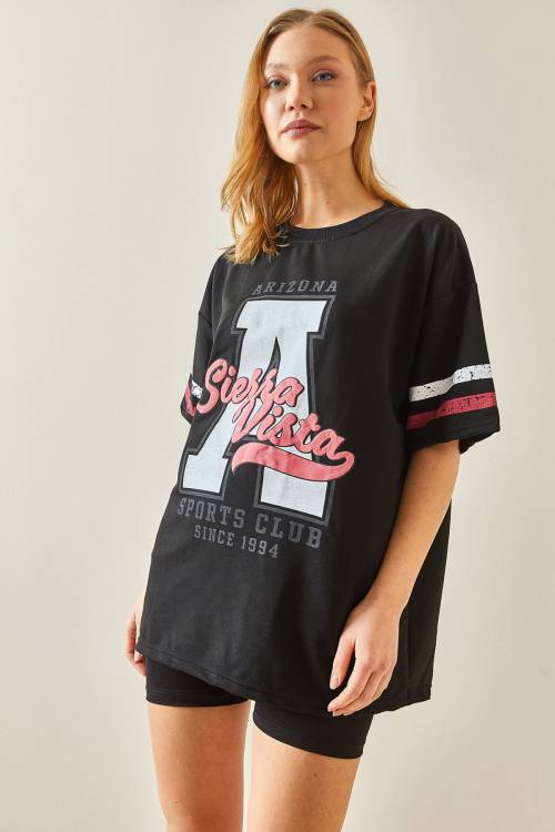 Siyah Bisiklet Yaka Önü Baskılı Oversize Tişört 4KXK1-47926-02 - 3