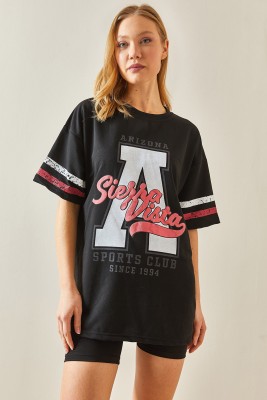 Siyah Bisiklet Yaka Önü Baskılı Oversize Tişört 4KXK1-47926-02 - 4