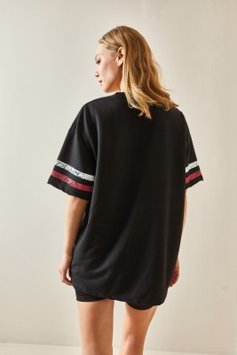 Siyah Bisiklet Yaka Önü Baskılı Oversize Tişört 4KXK1-47926-02 - 6