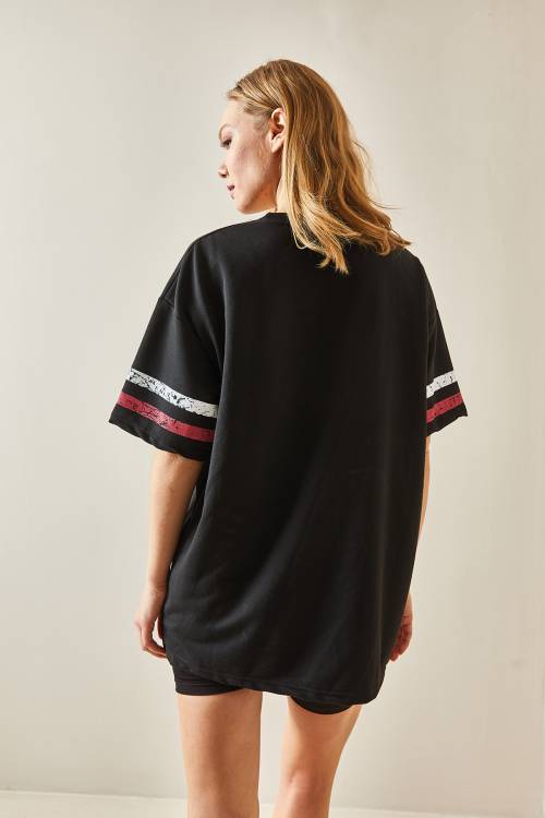 Siyah Bisiklet Yaka Önü Baskılı Oversize Tişört 4KXK1-47926-02 - 6