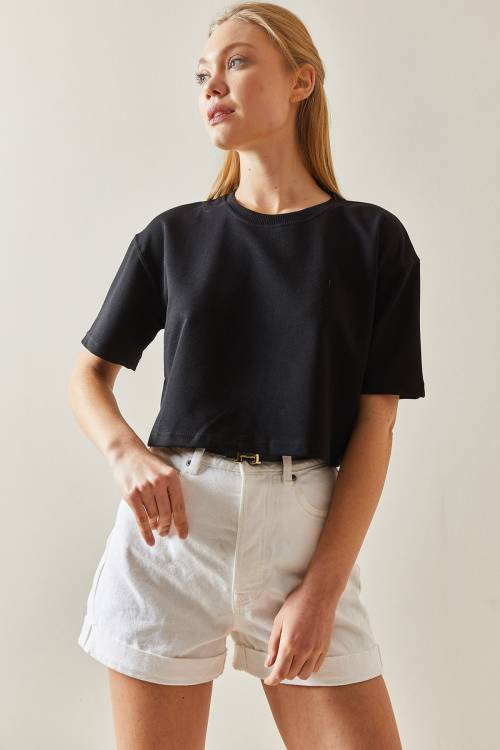 Siyah Bisiklet Yaka Oversize Crop Tişört 4KXK1-47899-02 - 3