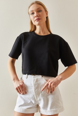Siyah Bisiklet Yaka Oversize Crop Tişört 4KXK1-47899-02 - 4