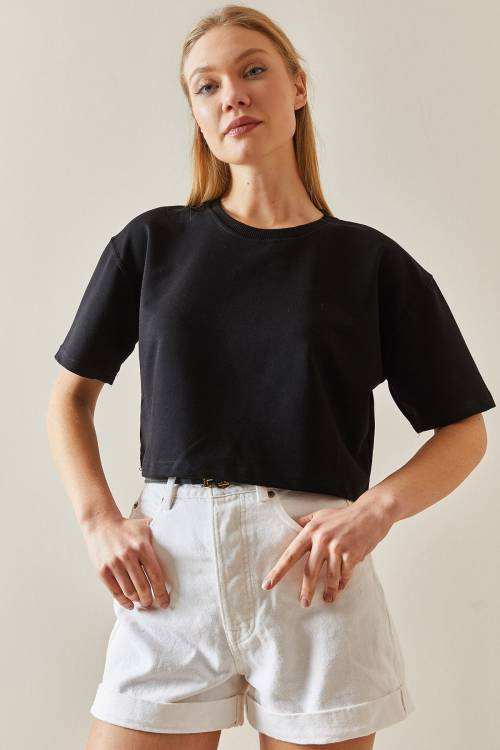 Siyah Bisiklet Yaka Oversize Crop Tişört 4KXK1-47899-02 - 4