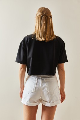 Siyah Bisiklet Yaka Oversize Crop Tişört 4KXK1-47899-02 - 5