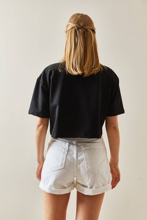 Siyah Bisiklet Yaka Oversize Crop Tişört 4KXK1-47899-02 - 5
