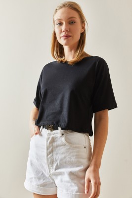 Siyah Bisiklet Yaka Oversize Kolları Katlı Crop Tişört 4KXK1-47900-02 