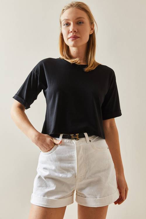 Siyah Bisiklet Yaka Oversize Kolları Katlı Crop Tişört 4KXK1-47900-02 - 3