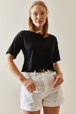 Siyah Bisiklet Yaka Oversize Kolları Katlı Crop Tişört 4KXK1-47900-02 - 4