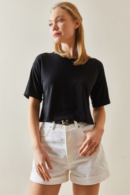 Siyah Bisiklet Yaka Oversize Kolları Katlı Crop Tişört 4KXK1-47900-02 - 5