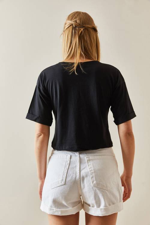 Siyah Bisiklet Yaka Oversize Kolları Katlı Crop Tişört 4KXK1-47900-02 - 6