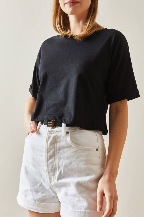 Siyah Bisiklet Yaka Oversize Kolları Katlı Crop Tişört 4KXK1-47900-02 - 2