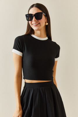 Siyah Bisiklet Yaka Ribanalı Crop Bluz 5YXK2-48319-02 - 4