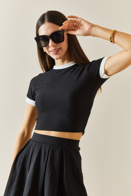 Siyah Bisiklet Yaka Ribanalı Crop Bluz 5YXK2-48319-02 - 5