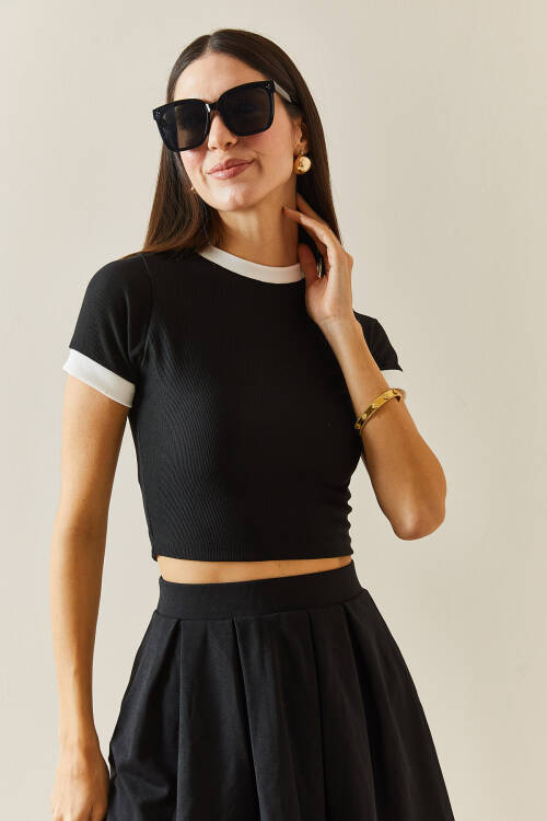 Siyah Bisiklet Yaka Ribanalı Crop Bluz 5YXK2-48319-02 - 6