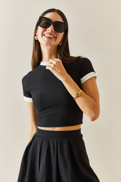 Siyah Bisiklet Yaka Ribanalı Crop Bluz 5YXK2-48319-02 - 7