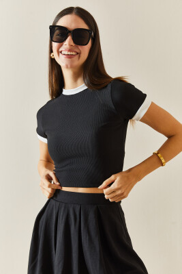 Siyah Bisiklet Yaka Ribanalı Crop Bluz 5YXK2-48319-02 - 8
