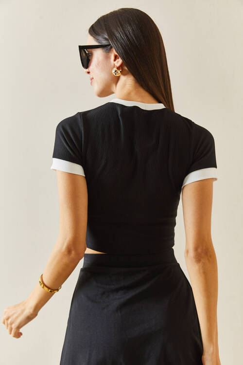 Siyah Bisiklet Yaka Ribanalı Crop Bluz 5YXK2-48319-02 - 9