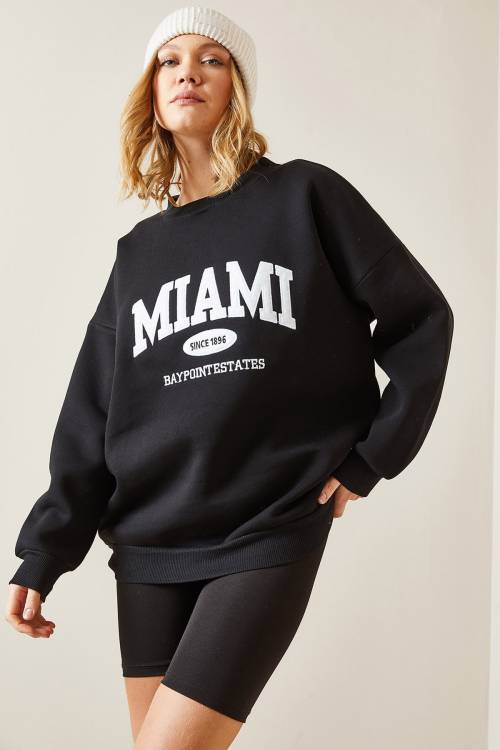 Siyah Bisiklet Yaka & Şardonlu Oversize Sweatshirt 4KXK8-47718-02 - 2