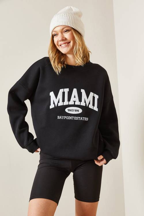 Siyah Bisiklet Yaka & Şardonlu Oversize Sweatshirt 4KXK8-47718-02 - 3
