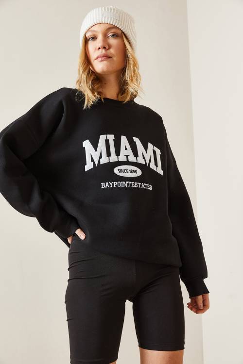 Siyah Bisiklet Yaka & Şardonlu Oversize Sweatshirt 4KXK8-47718-02 - 4