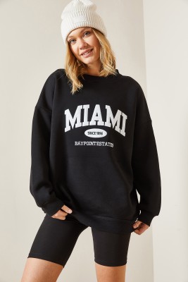 Siyah Bisiklet Yaka & Şardonlu Oversize Sweatshirt 4KXK8-47718-02 - 5