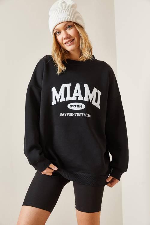 Siyah Bisiklet Yaka & Şardonlu Oversize Sweatshirt 4KXK8-47718-02 - 5