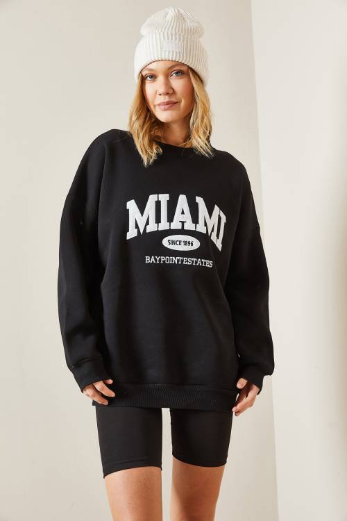 Siyah Bisiklet Yaka & Şardonlu Oversize Sweatshirt 4KXK8-47718-02 - 6
