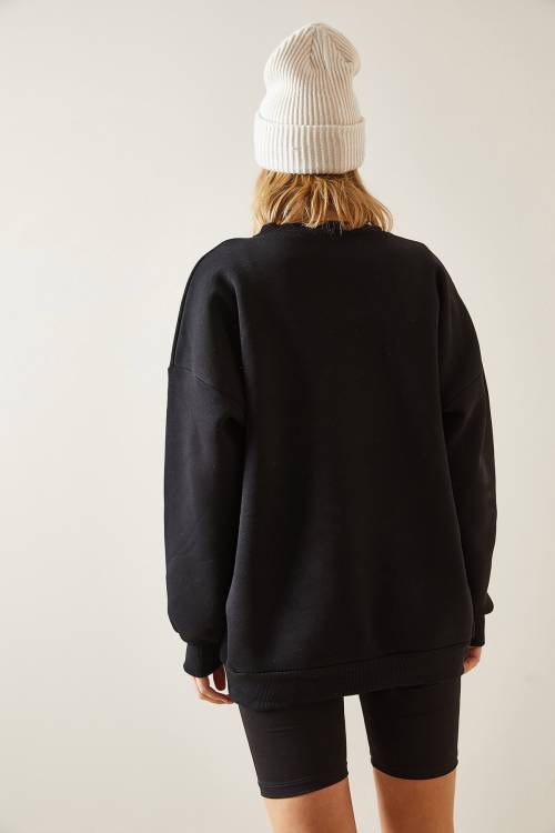 Siyah Bisiklet Yaka & Şardonlu Oversize Sweatshirt 4KXK8-47718-02 - 7
