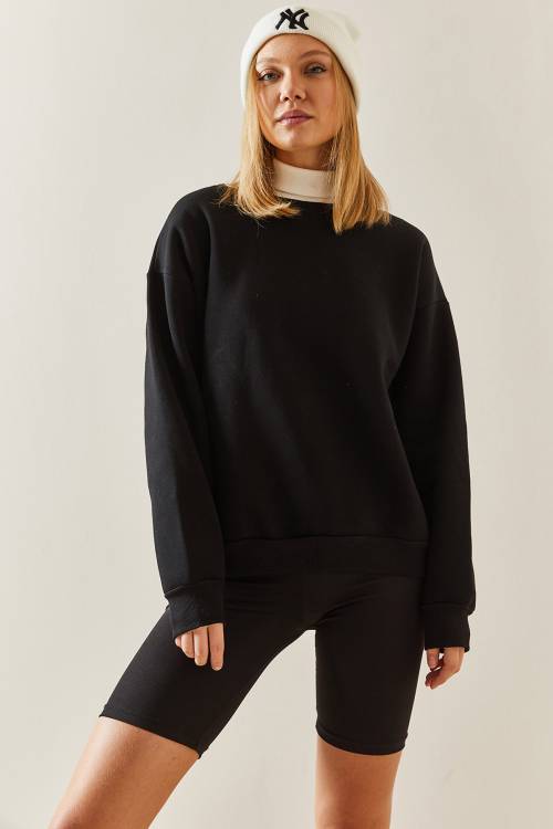 Siyah Bisiklet Yaka Şardonlu Oversize Sweatshirt 4KXK8-47743-02 - 2