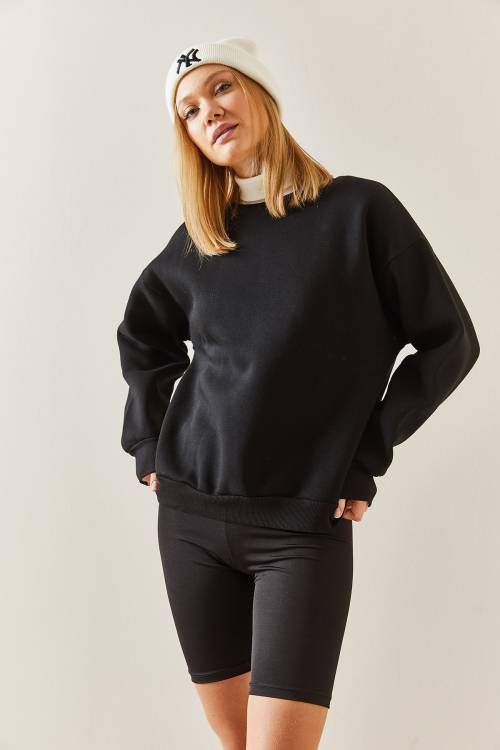 Siyah Bisiklet Yaka Şardonlu Oversize Sweatshirt 4KXK8-47743-02 - 3