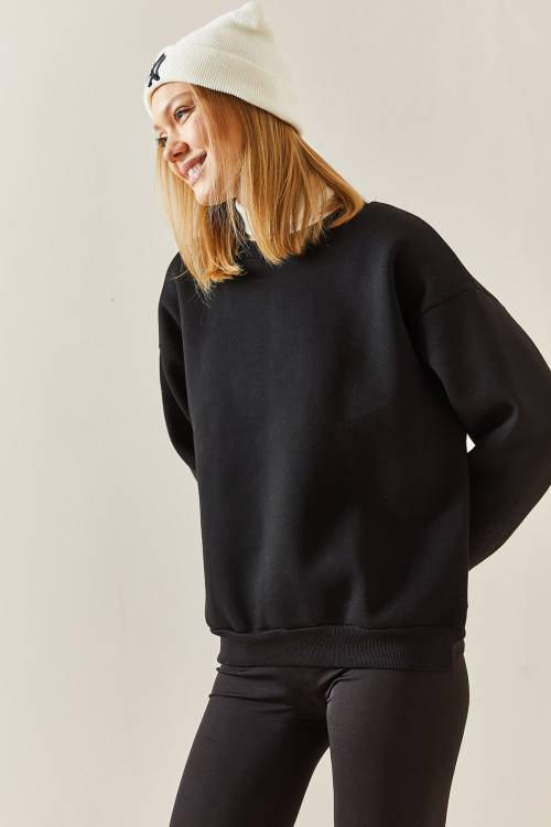 Siyah Bisiklet Yaka Şardonlu Oversize Sweatshirt 4KXK8-47743-02 - 4