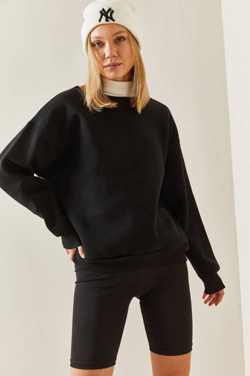 Siyah Bisiklet Yaka Şardonlu Oversize Sweatshirt 4KXK8-47743-02 - 6