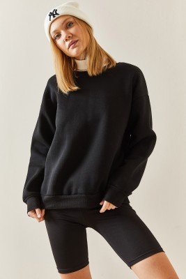Siyah Bisiklet Yaka Şardonlu Oversize Sweatshirt 4KXK8-47743-02 - 7