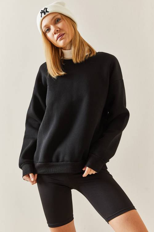 Siyah Bisiklet Yaka Şardonlu Oversize Sweatshirt 4KXK8-47743-02 - 7