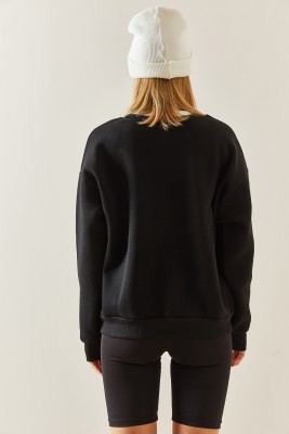Siyah Bisiklet Yaka Şardonlu Oversize Sweatshirt 4KXK8-47743-02 - 8