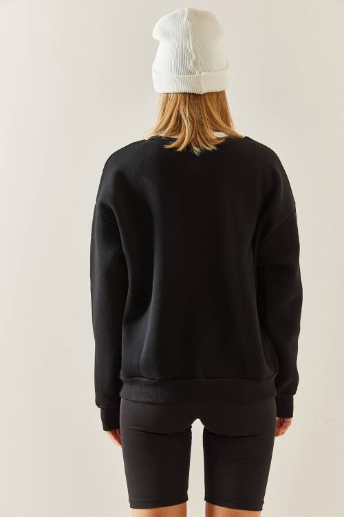 Siyah Bisiklet Yaka Şardonlu Oversize Sweatshirt 4KXK8-47743-02 - 8