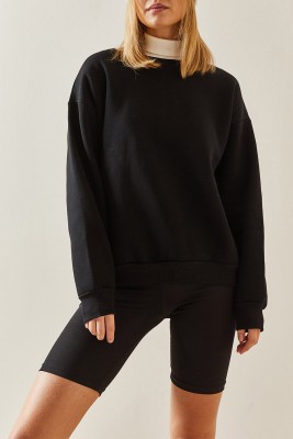 Siyah Bisiklet Yaka Şardonlu Oversize Sweatshirt 4KXK8-47743-02 