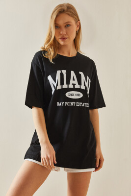 Siyah Bisiklet Yaka Yazılı Oversize Midi Tişört 5YXK1-48008-02 - 3