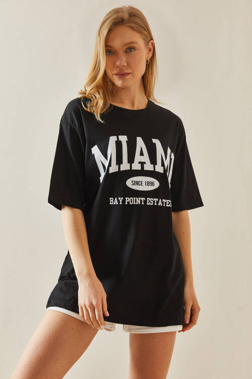 Siyah Bisiklet Yaka Yazılı Oversize Midi Tişört 5YXK1-48008-02 - 3