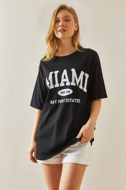 Siyah Bisiklet Yaka Yazılı Oversize Midi Tişört 5YXK1-48008-02 - 4