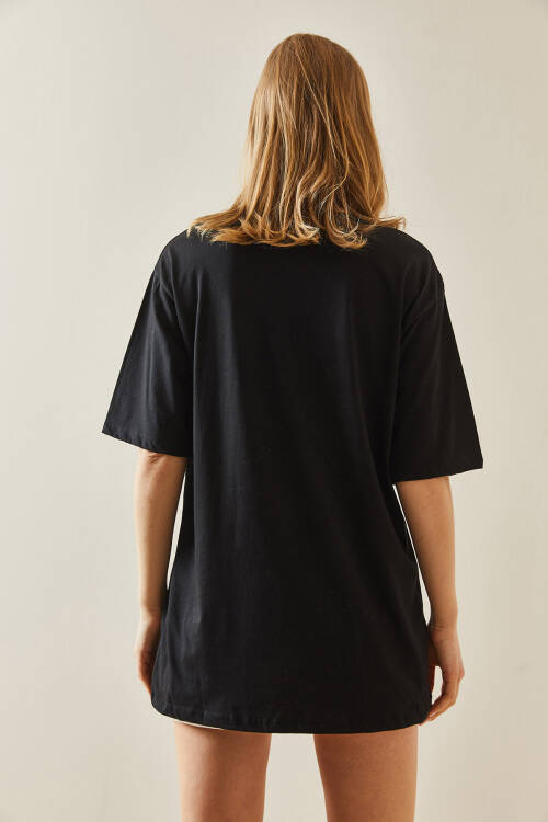 Siyah Bisiklet Yaka Yazılı Oversize Midi Tişört 5YXK1-48008-02 - 5