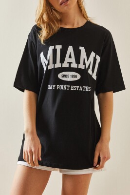 Siyah Bisiklet Yaka Yazılı Oversize Midi Tişört 5YXK1-48008-02 