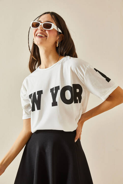 Siyah Bisiklet Yaka Yazılı Oversize Tişört 5YXK1-48384-02 - 3