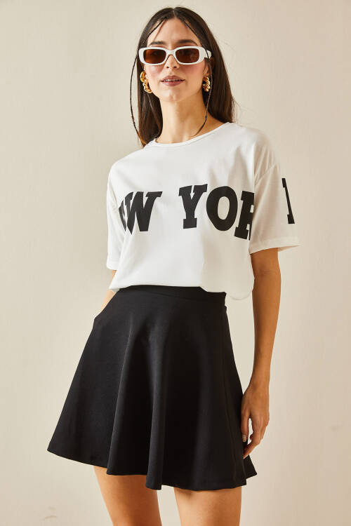 Siyah Bisiklet Yaka Yazılı Oversize Tişört 5YXK1-48384-02 - 4