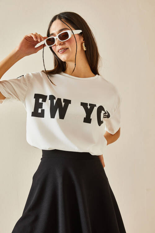 Siyah Bisiklet Yaka Yazılı Oversize Tişört 5YXK1-48384-02 - 5